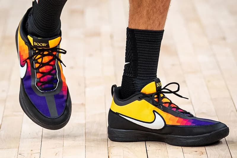 Devin Booker's Nike Book 2 "The Valley" PE featuring a pixel-style sunset gradient in magenta, red, orange, and yellow across the mesh upper - detail view 3