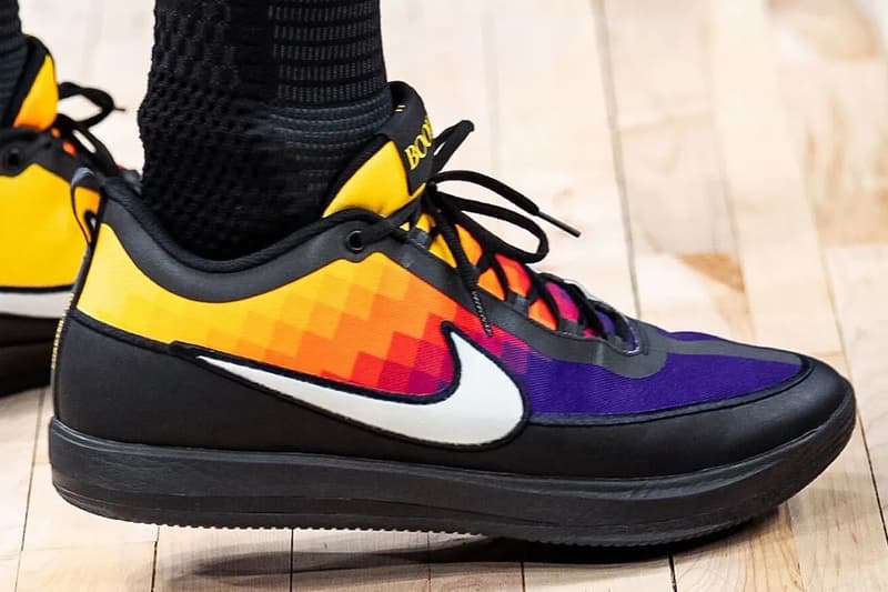 Devin Booker's Nike Book 2 "The Valley" PE featuring a pixel-style sunset gradient in magenta, red, orange, and yellow across the mesh upper - detail view 4