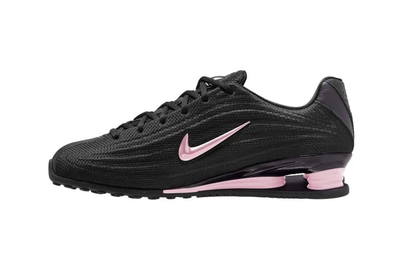 Nike Shox Z in Black/Pink Foam colorway, showing textile upper with pearlescent pink accents - detail view 1