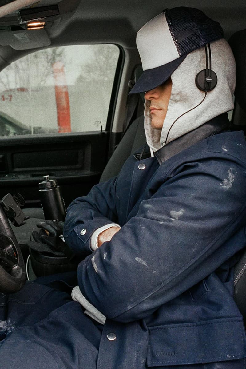 JJJJound Drops Spring 2026 Workwear Collection week 11 navy chore barn jacket carpenter pants carpenter shorts trucker hats