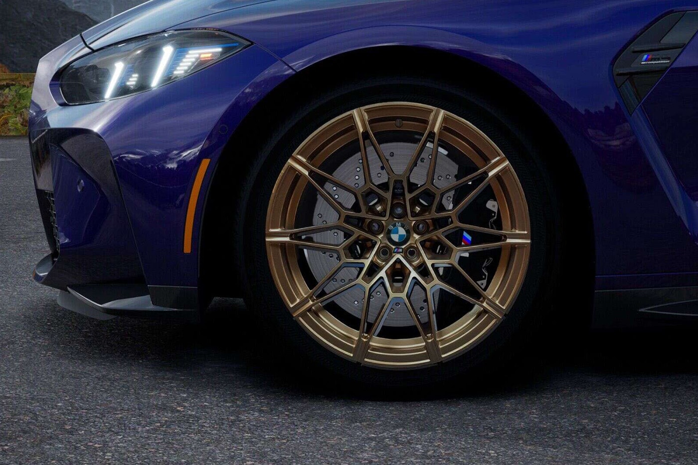 Front and rear view of the limited-run 2027 BMW M4 Coupe M Legacy Edition in heritage paint with gold-bronze wheels for the Canadian market