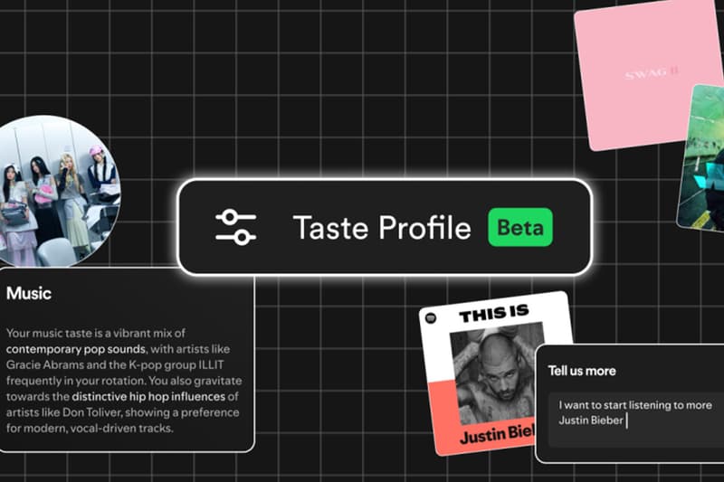 Spotify Taste Profile beta feature showing Premium subscribers editing their personalized music and podcast recommendations.