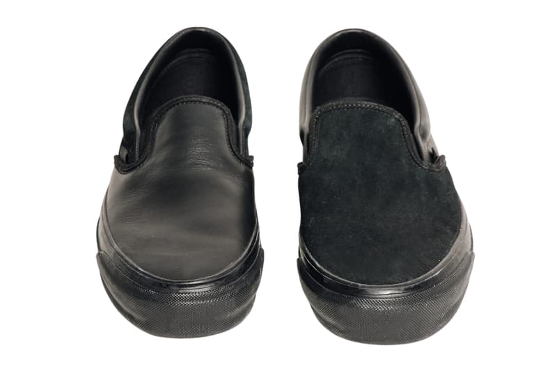 Engineered Garments x Vans Slip-On 98 in black colorway, detail view of mixed-material upper construction - detail view 3