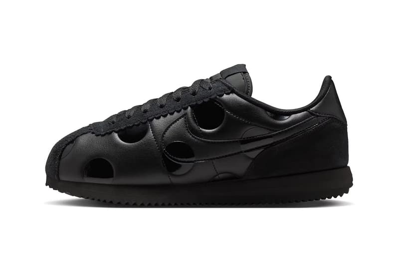 Nike Cortez Triple Black Polka Dot featuring all-black construction with embossed polka dot texture pattern throughout upper and heel - detail view 2