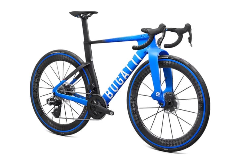 Bugatti Factor ONE aero road bike in Bugatti Blue with wide fork stance and Dancing Elephant emblem