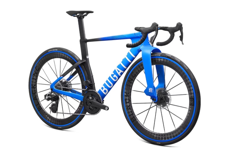 Bugatti Factor ONE aero road bike in Bugatti Blue with wide fork stance and Dancing Elephant emblem