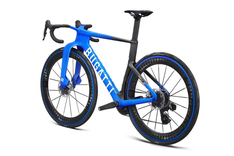 Bugatti Factor ONE aero road bike in Bugatti Blue with wide fork stance and Dancing Elephant emblem