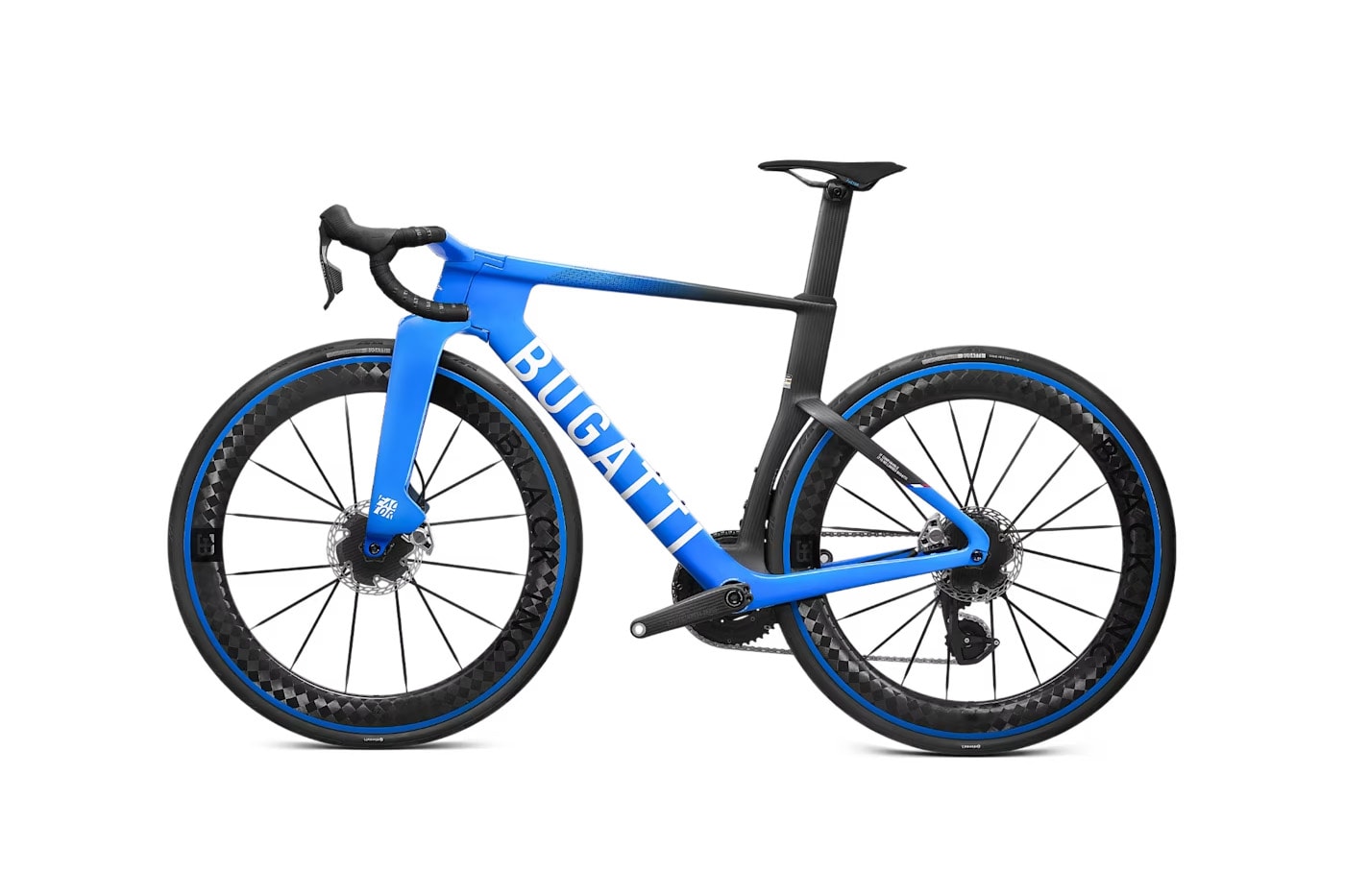Bugatti Factor ONE aero road bike in Bugatti Blue with wide fork stance and Dancing Elephant emblem
