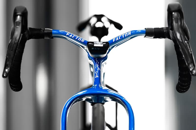 Bugatti Factor ONE aero road bike in Bugatti Blue with wide fork stance and Dancing Elephant emblem