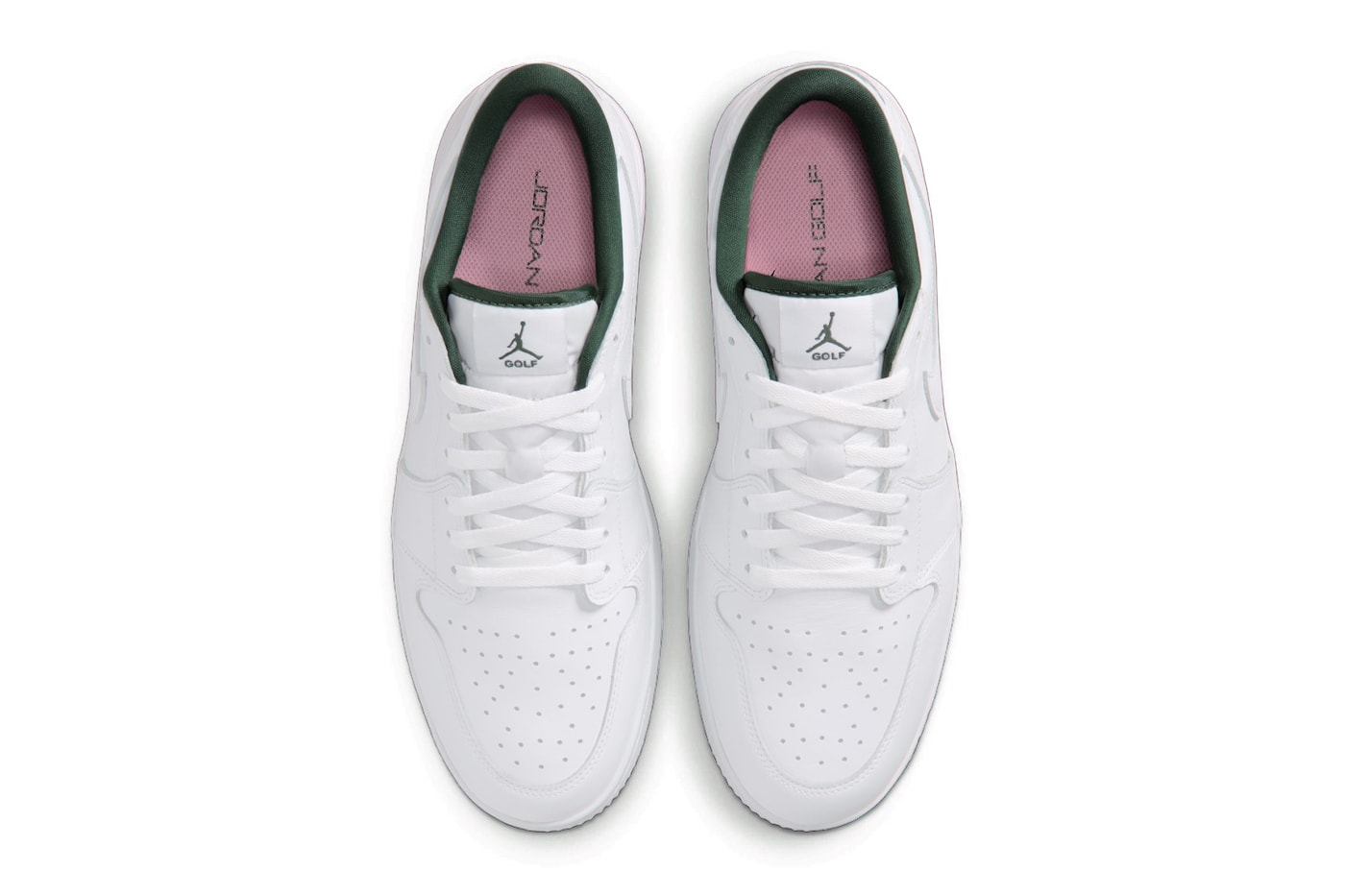 Jordan Brand Balances Classic Styling With Subtle Pops on the Air Jordan 1 Low Golf "White/Fir" Release Info IQ3417-100 White/Fir-Black-Elemental Pink nike augusta masters tournament georgia
