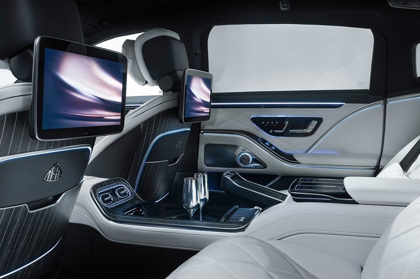 2027 Mercedes-Maybach S-Class luxury sedan with illuminated grille and MBUX Superscreen interior