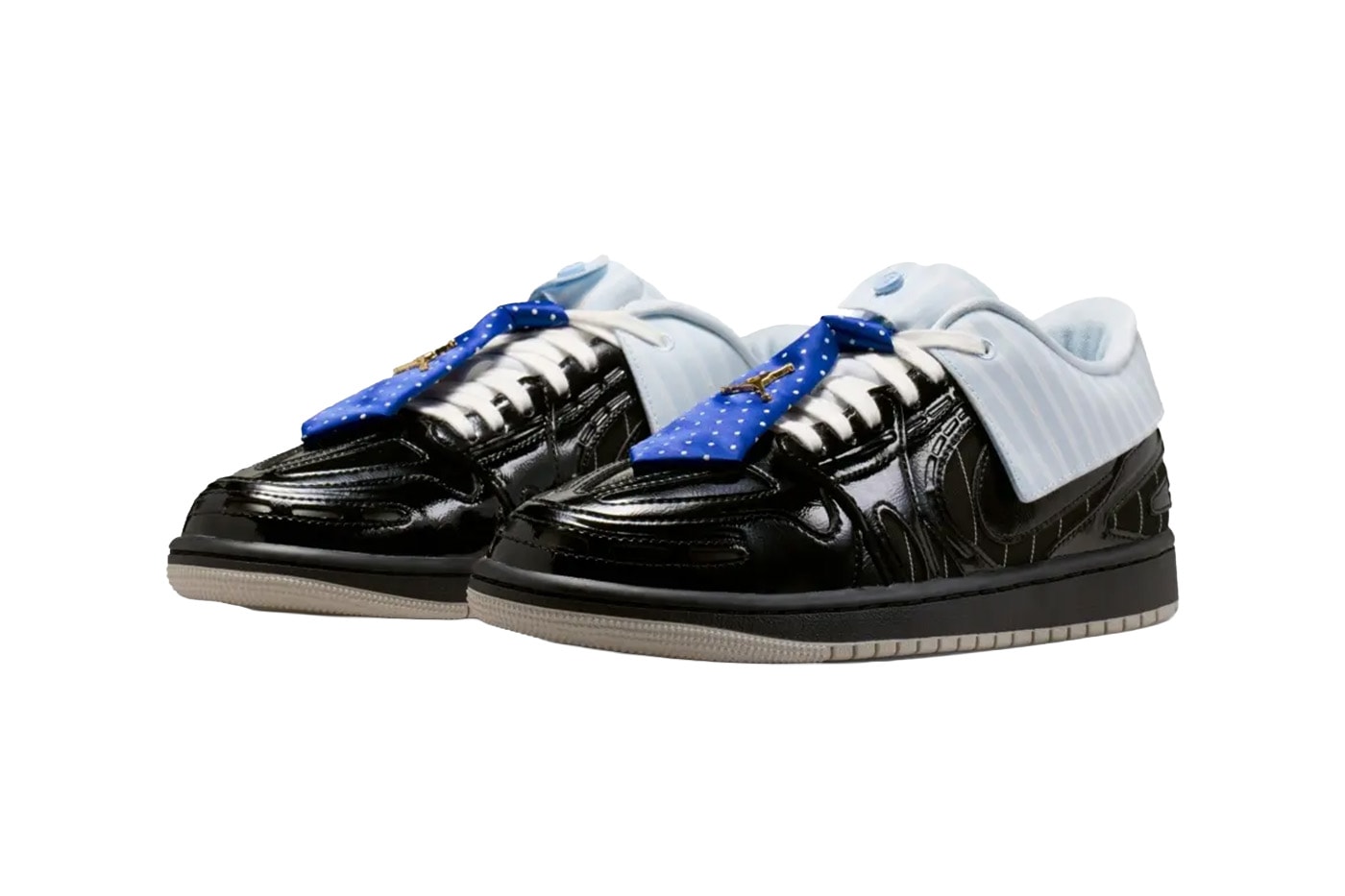 Air Jordan 1 Low Method of Make v3 Suit and Tie IR7554-001 hero image showing pinstripe upper with polka dot tie lace and gold Jumpman brooch