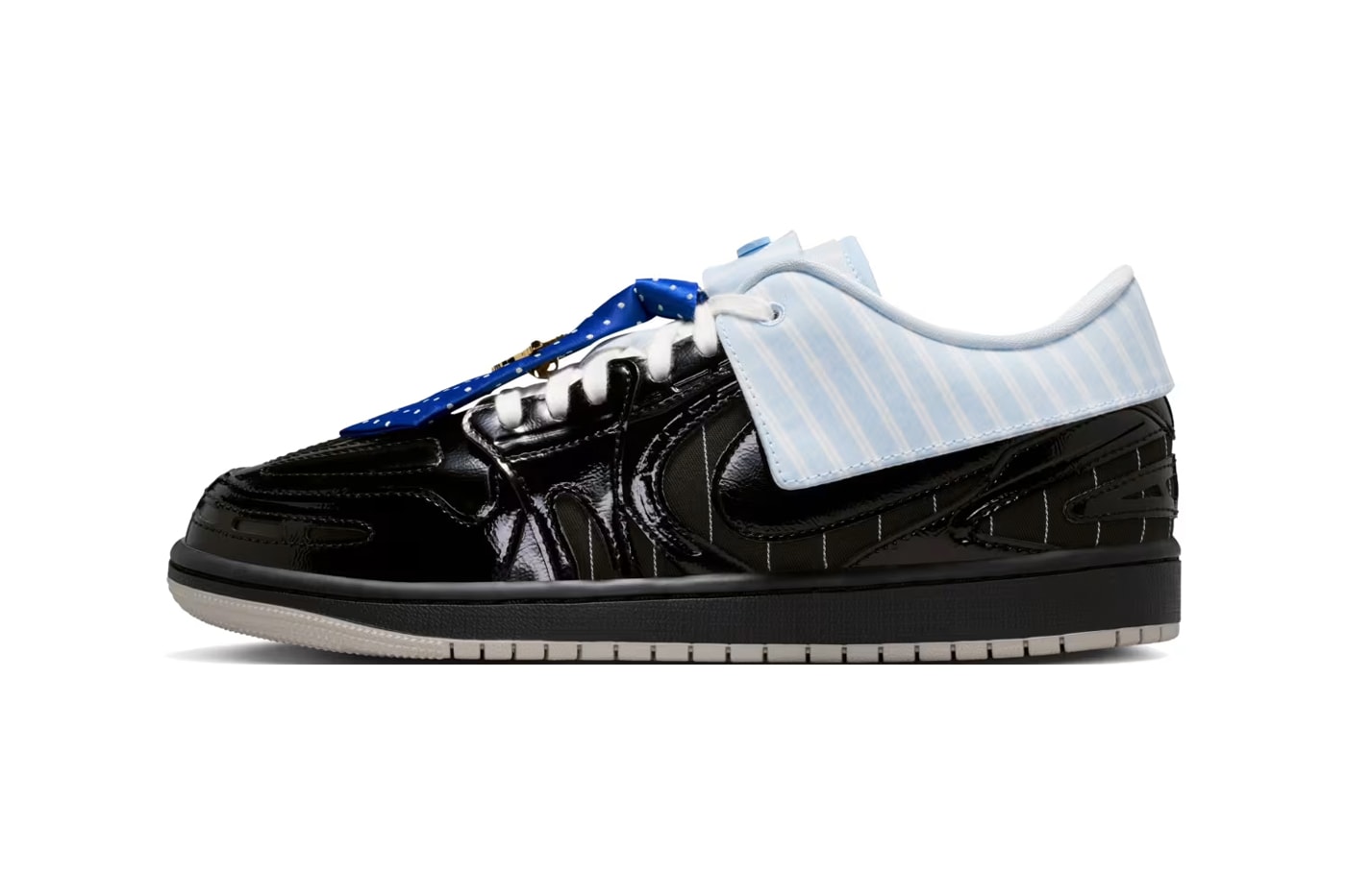 Air Jordan 1 Low Method of Make v3 Suit and Tie lateral view showing patent leather upper and pinstripe collar panel