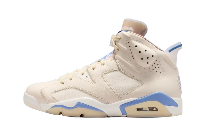 Air Jordan 6 'Sashiko' in pale ivory leather with indigo tie-dye and cross-stitch detailing - detail view 3