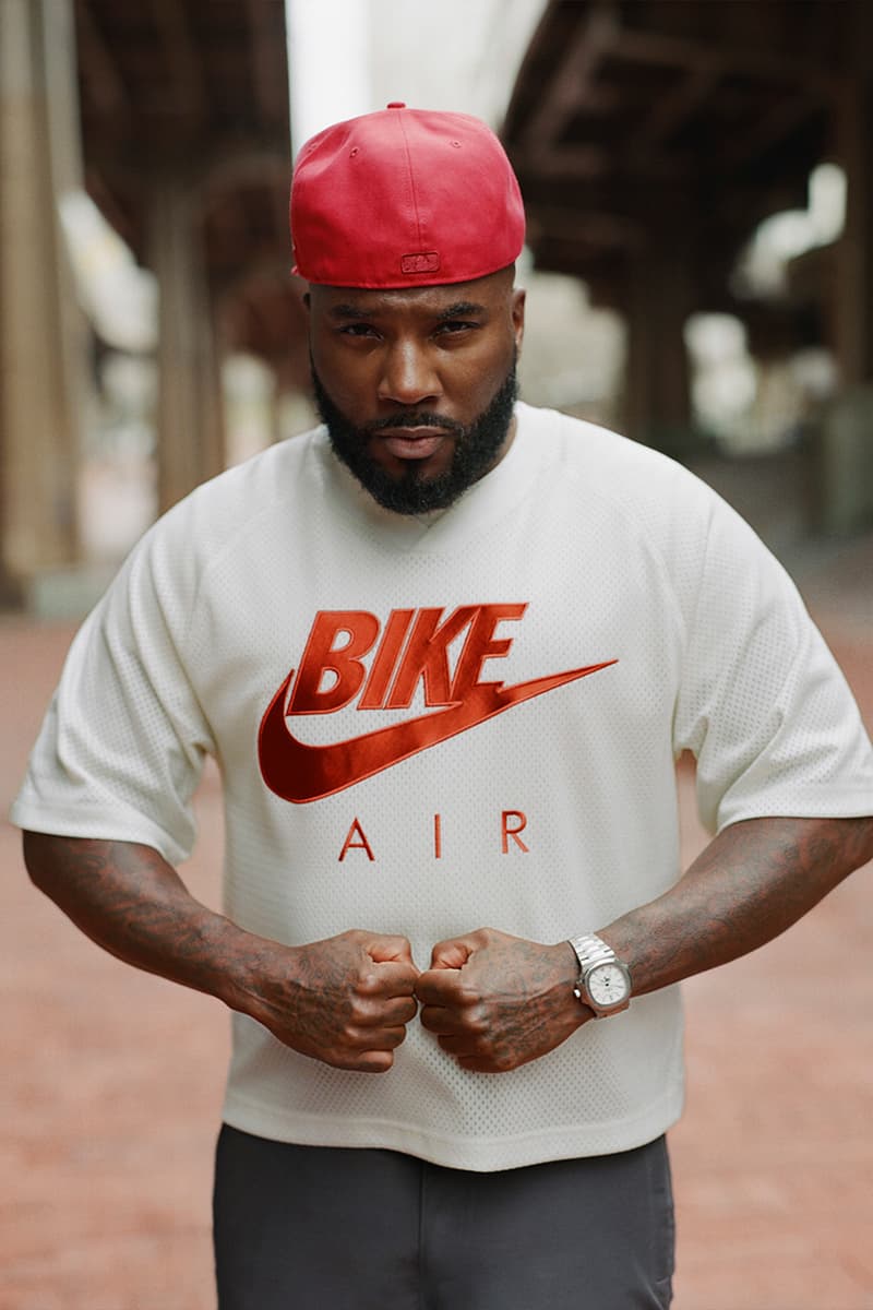 Nigel Sylvester wears the Air Jordan 4 Brick After Brick alongside matching BIKE AIR apparel collection - detail view 3