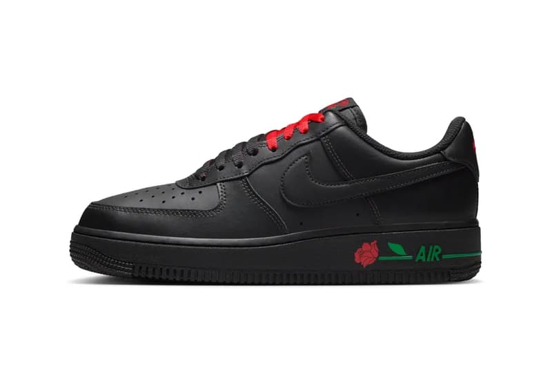 Nike Air Force 1 Low SE "Rose Black" featuring black leather upper with Sport Red and Pine Green accents, shown in multiple angles - detail view 3