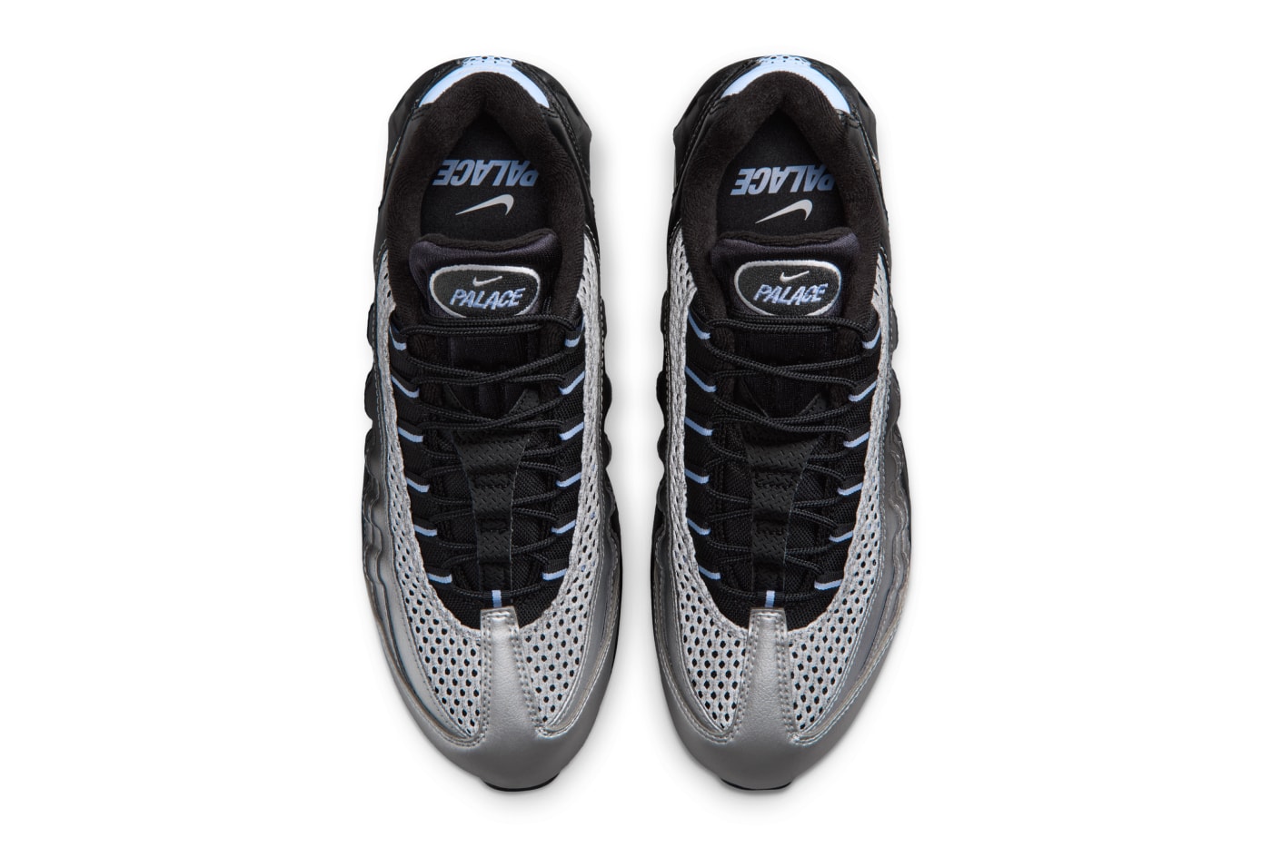 Palace Skateboards x Nike Air Max 95 lateral view showing metallic silver to black gradient upper and icy blue tongue tag