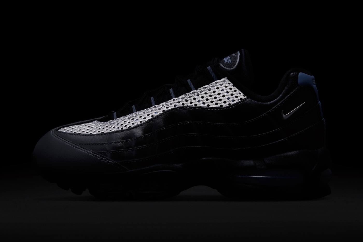 Palace Skateboards x Nike Air Max 95 on foot showing full silver to black gradient colourway