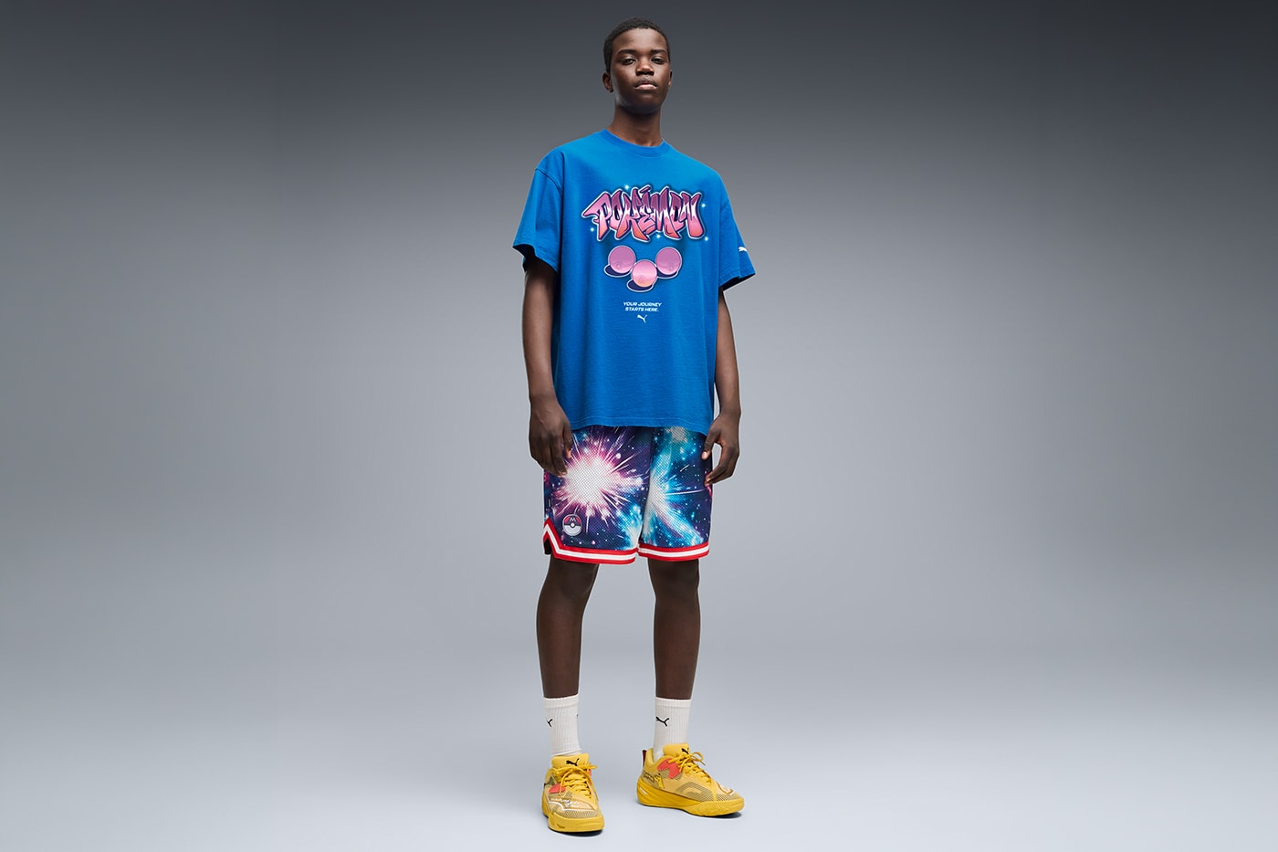 Puma and Pokémon Venture "Into Another World" for 30th Anniversary Collection footwear apparel collaboration PUMA All-Pro NITRO 2 Sun Pokémon, Espeon, and the Moonlight Pokémon, Umbreon