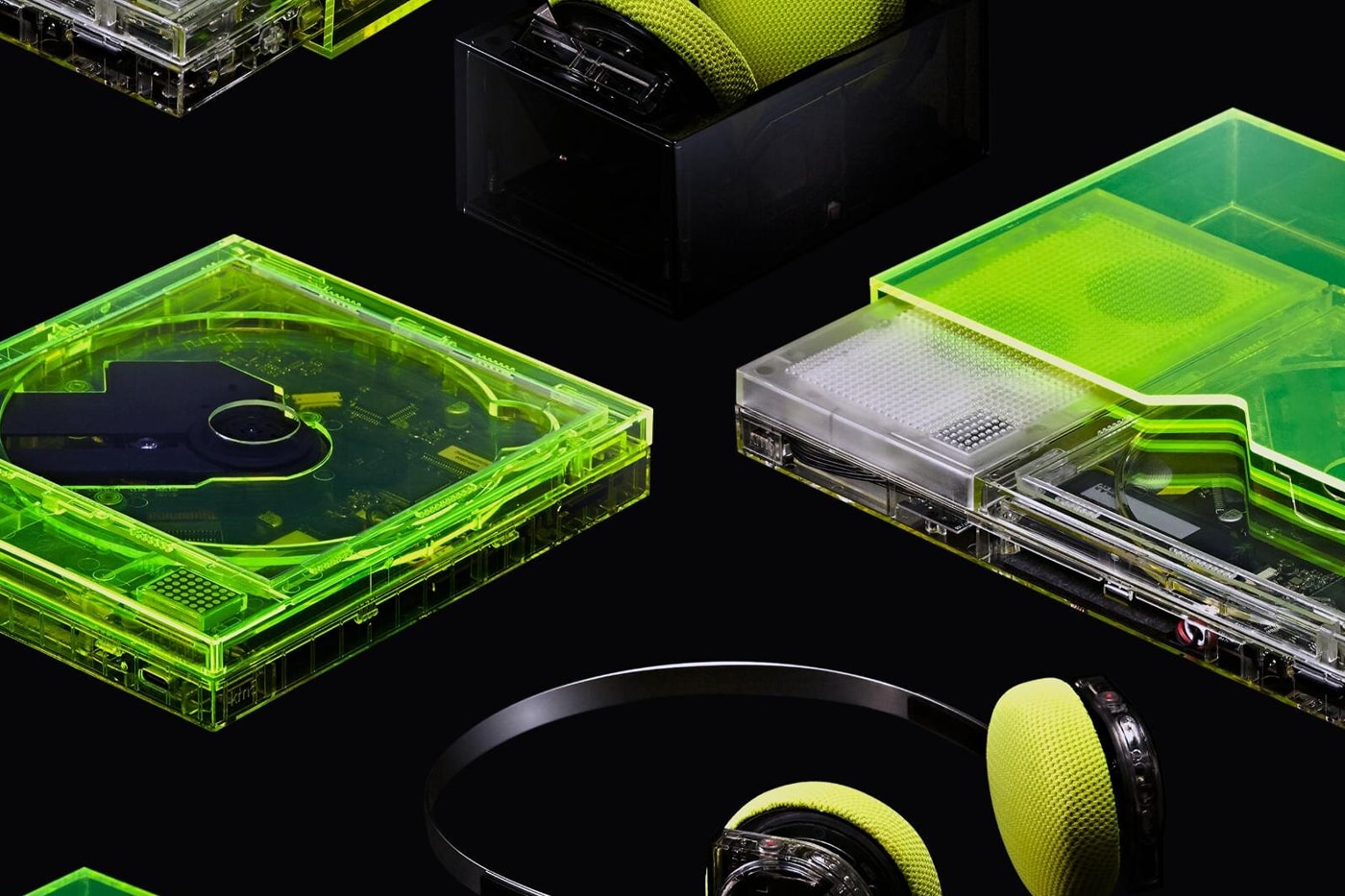 km5 Gives Transparent Tech a High-Voltage Facelift With Its New Neon Audio Collection cd players earphones headphones