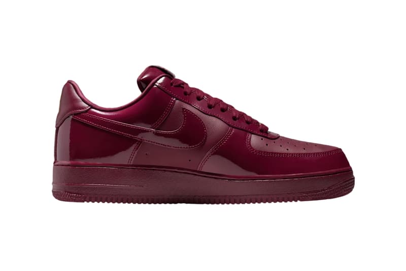 Syna x Nike Air Force 1 '07 Dark Beetroot and Red Oxide colorway with metallic gold accents, lateral view - detail view 2
