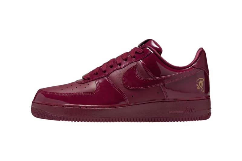 Syna x Nike Air Force 1 '07 Dark Beetroot and Red Oxide colorway with metallic gold accents, lateral view - detail view 1