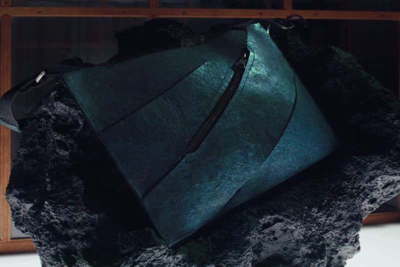 Enfin Levé T-Rex Leather luxury handbag in deep teal crafted from lab-grown dinosaur collagen