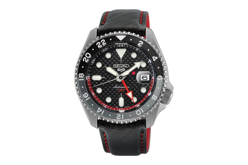 Seiko 5 Sports Supercars GMT limited edition watch with carbon fiber dial and red racing accents