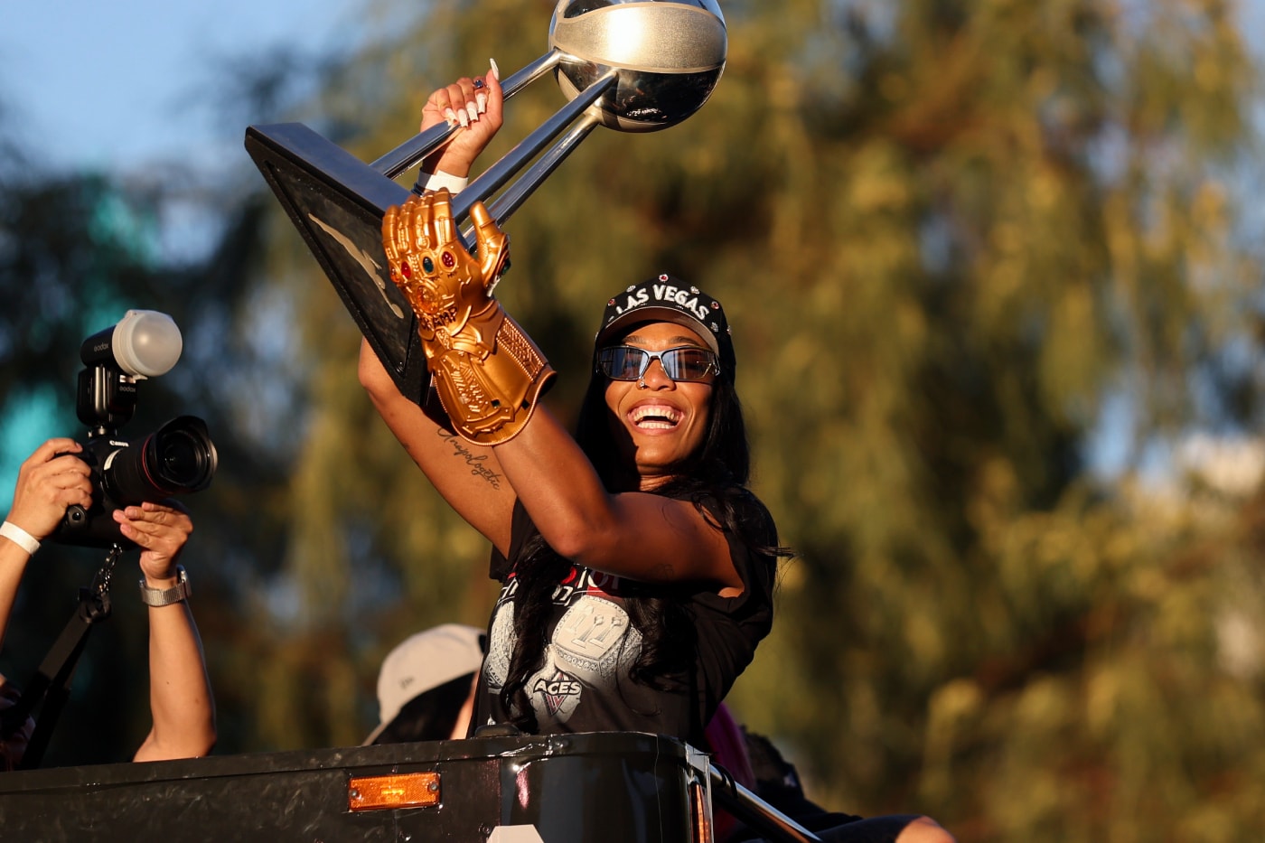 A’ja Wilson in Las Vegas Aces uniform celebrating WNBA championship after signing supermax deal