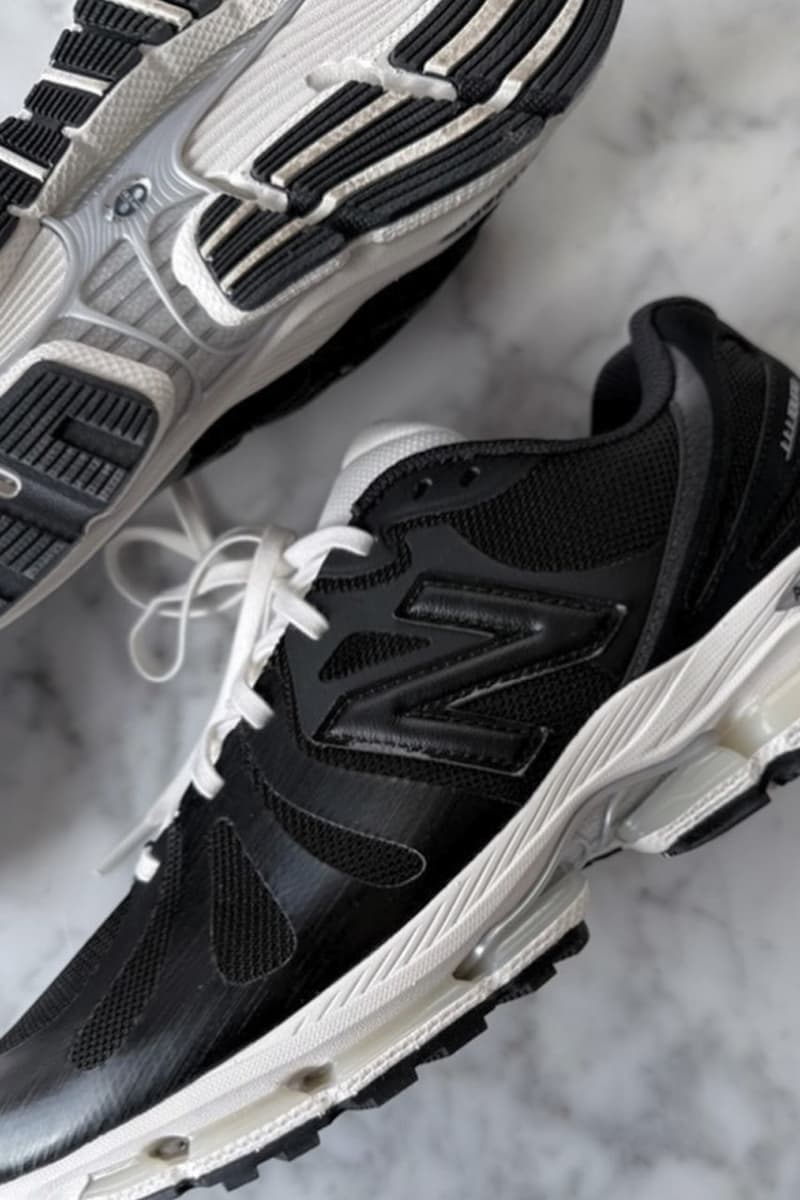 JJJJound x New Balance 1890 in black mesh with white satin taping, tuxedo-inspired aesthetic - detail view 2