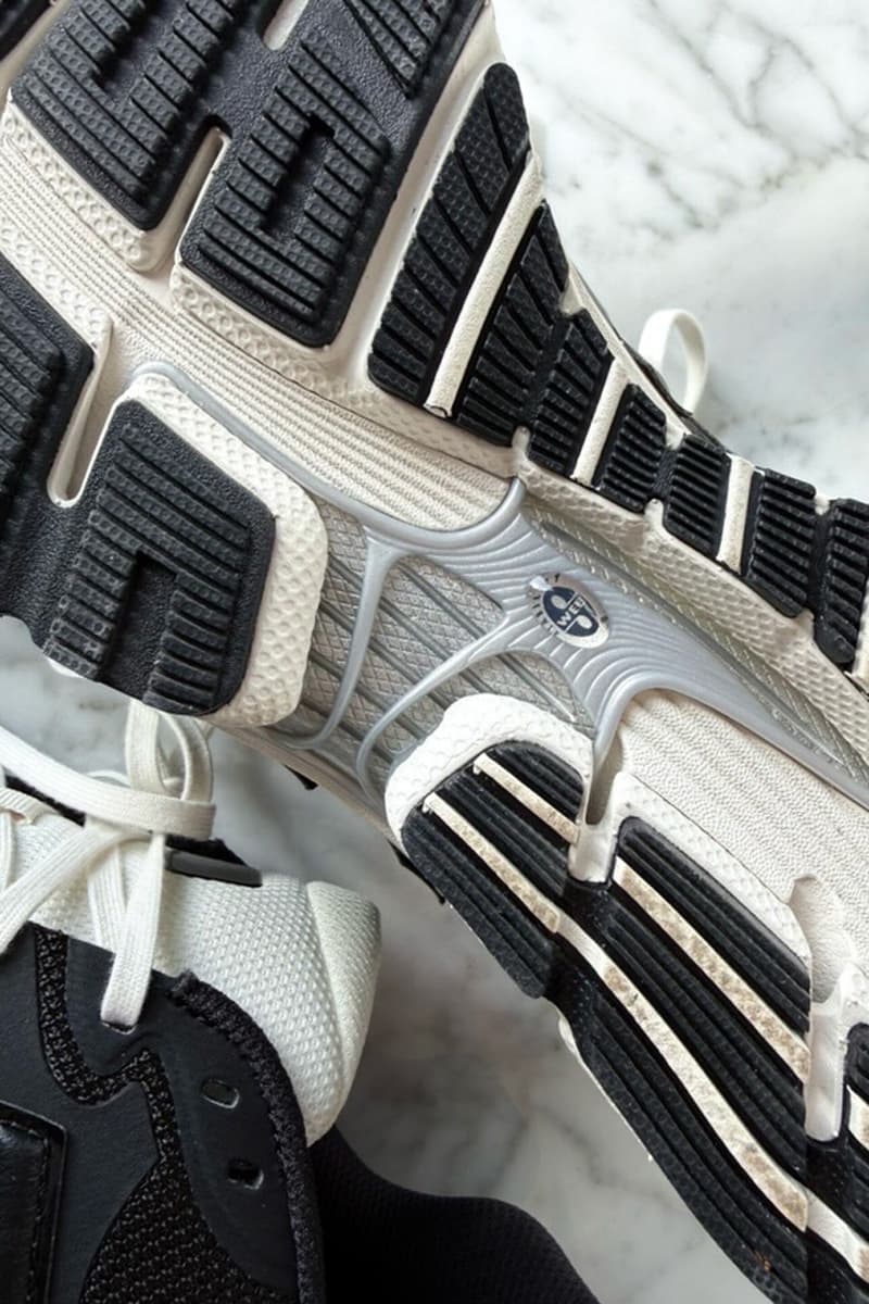 JJJJound x New Balance 1890 in black mesh with white satin taping, tuxedo-inspired aesthetic - detail view 3