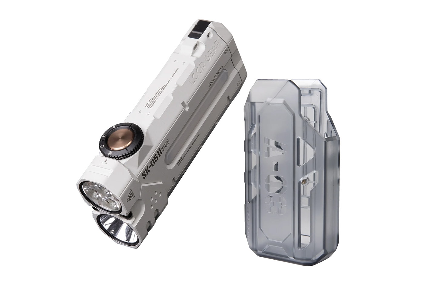 LOOPGEAR SK05 Pro 2 dual-beam flashlight with 5000 lumens and USB-C power bank in rugged EDC setup