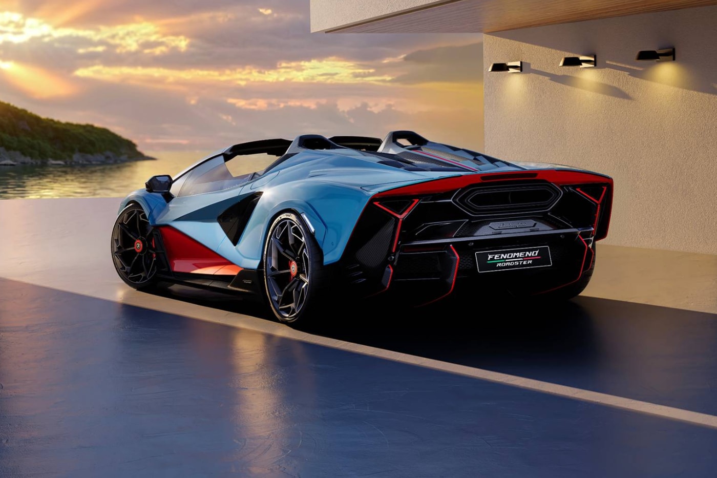 Lamborghini Fenomeno Roadster in Blu Cepheus and Rosso Mars triple-tone finish