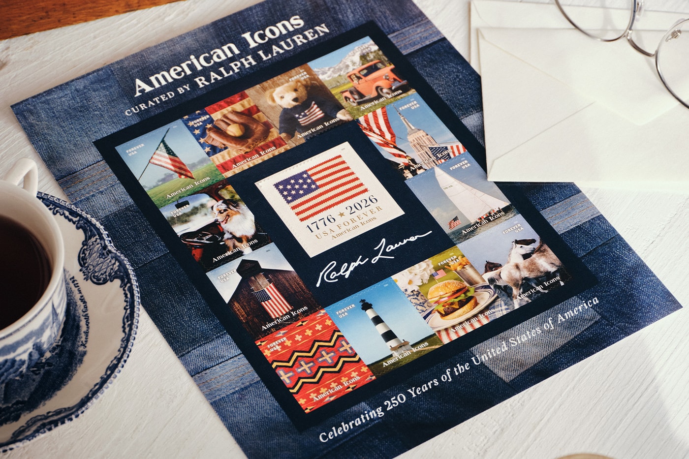 Special Delivery: Ralph Lauren Curates Historic USPS Stamp Collection for America's 250th Anniversary exclusive apparel capsule American Flag Sweater, a classic Polo Shirt, and a tailored Ball Cap united states accessories