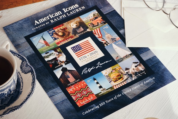 Special Delivery: Ralph Lauren Curates Historic USPS Stamp Collection for America's 250th Anniversary exclusive apparel capsule American Flag Sweater, a classic Polo Shirt, and a tailored Ball Cap united states accessories