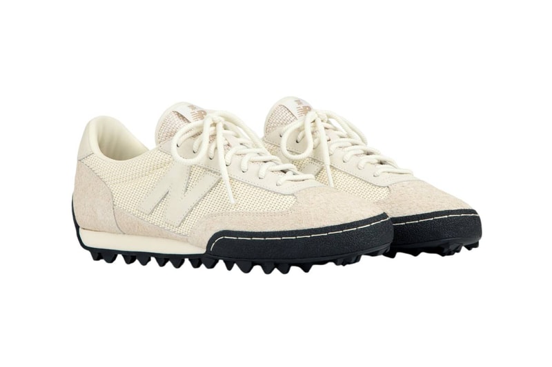 Aimé Leon Dore x New Balance Gator in Cream showing hairy suede upper construction and Queens crest detail - detail view 2
