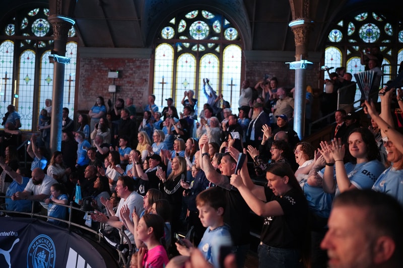 manchester city women puma super league homecoming victory trophy lift event celebration alex greenwood khadija shaw Ayaka Yamashita Andrée Jeglertz albert hall decade title