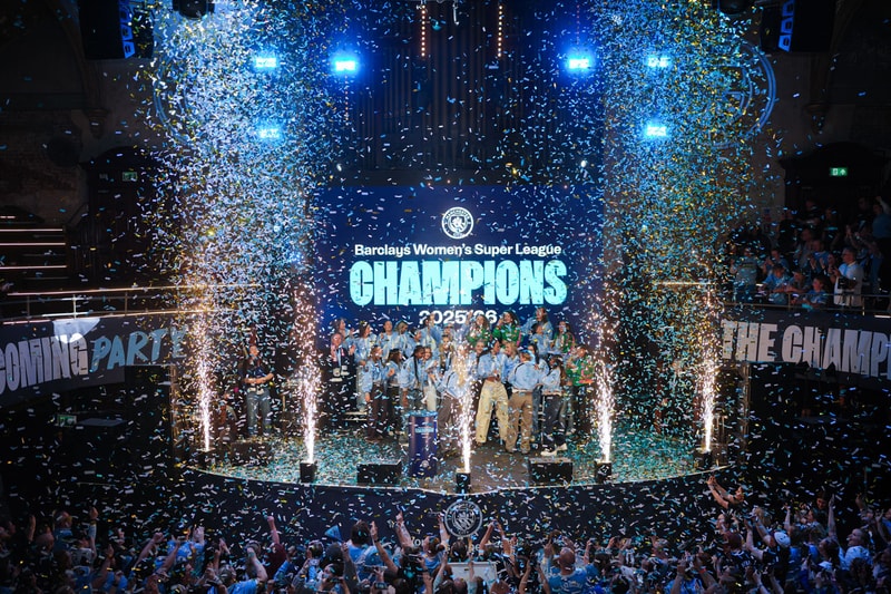manchester city women puma super league homecoming victory trophy lift event celebration alex greenwood khadija shaw Ayaka Yamashita Andrée Jeglertz albert hall decade title