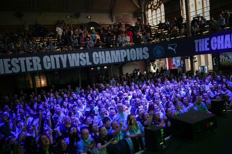 manchester city women puma super league homecoming victory trophy lift event celebration alex greenwood khadija shaw Ayaka Yamashita Andrée Jeglertz albert hall decade title