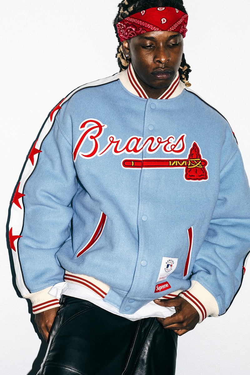 Mitchell & Ness x Supreme Spring 2026 Collaboration mlb nba Atlanta Braves, Houston Astros, Denver Nuggets and Washington Bullets Hooded Satin Varsity Jacket, Wool Varsity Jacket, Sweater, Basketball Jersey, Hooded Sweatshirt, Jean, Sweatpant, Denim Short, Basketball Short, New Era and Headband