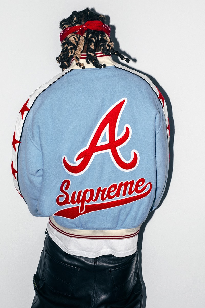 Mitchell & Ness x Supreme Spring 2026 Collaboration mlb nba Atlanta Braves, Houston Astros, Denver Nuggets and Washington Bullets Hooded Satin Varsity Jacket, Wool Varsity Jacket, Sweater, Basketball Jersey, Hooded Sweatshirt, Jean, Sweatpant, Denim Short, Basketball Short, New Era and Headband