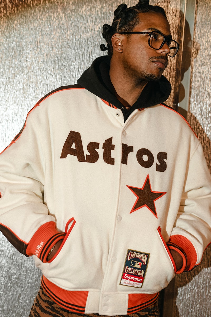 Mitchell & Ness x Supreme Spring 2026 Collaboration mlb nba Atlanta Braves, Houston Astros, Denver Nuggets and Washington Bullets Hooded Satin Varsity Jacket, Wool Varsity Jacket, Sweater, Basketball Jersey, Hooded Sweatshirt, Jean, Sweatpant, Denim Short, Basketball Short, New Era and Headband