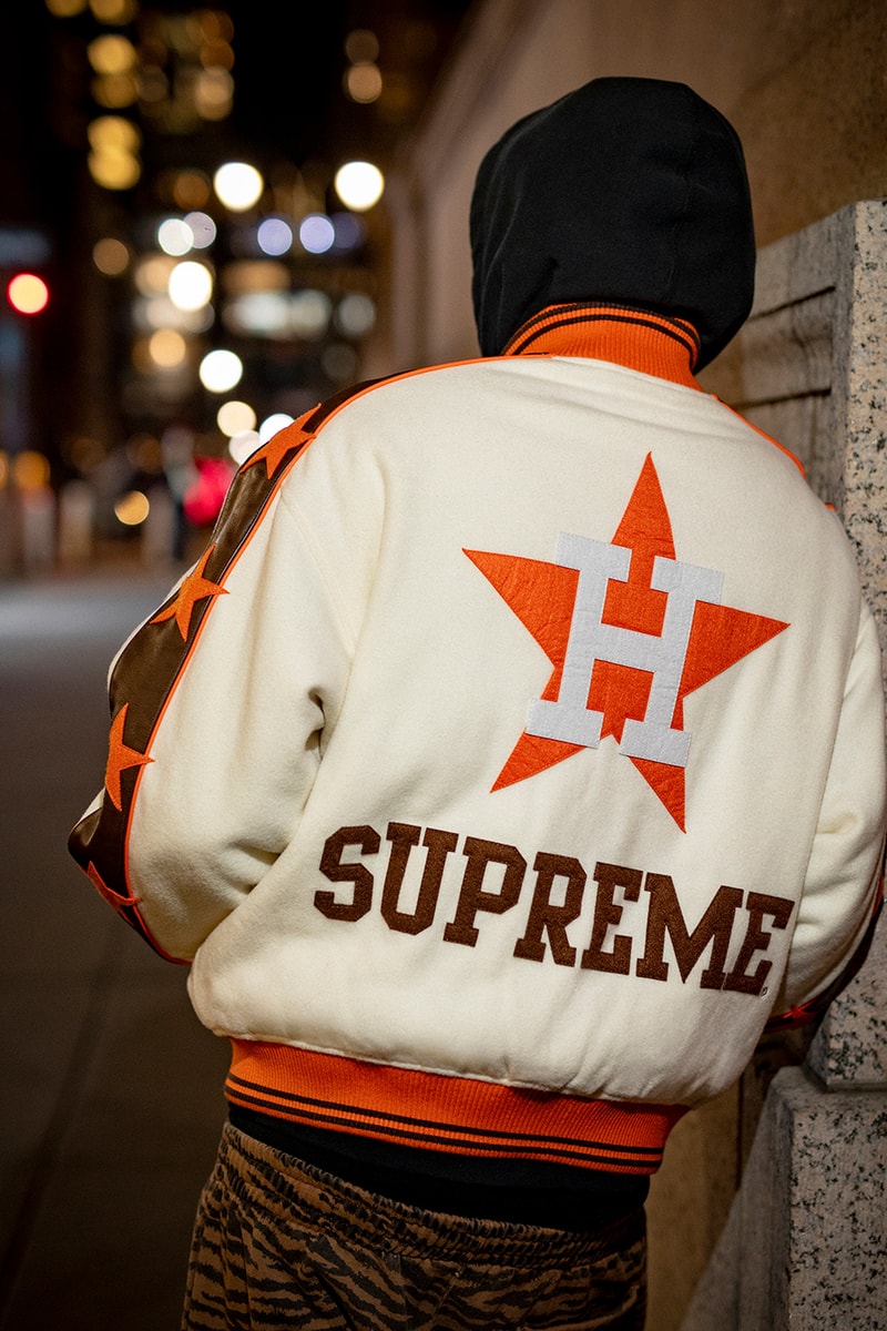Mitchell & Ness x Supreme Spring 2026 Collaboration mlb nba Atlanta Braves, Houston Astros, Denver Nuggets and Washington Bullets Hooded Satin Varsity Jacket, Wool Varsity Jacket, Sweater, Basketball Jersey, Hooded Sweatshirt, Jean, Sweatpant, Denim Short, Basketball Short, New Era and Headband