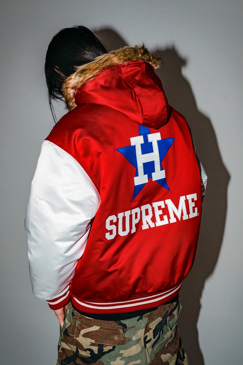 Mitchell & Ness x Supreme Spring 2026 Collaboration mlb nba Atlanta Braves, Houston Astros, Denver Nuggets and Washington Bullets Hooded Satin Varsity Jacket, Wool Varsity Jacket, Sweater, Basketball Jersey, Hooded Sweatshirt, Jean, Sweatpant, Denim Short, Basketball Short, New Era and Headband
