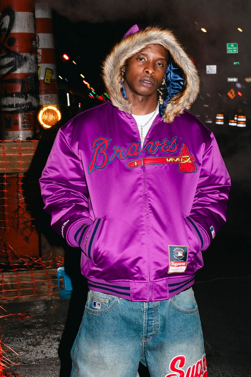 Mitchell & Ness x Supreme Spring 2026 Collaboration mlb nba Atlanta Braves, Houston Astros, Denver Nuggets and Washington Bullets Hooded Satin Varsity Jacket, Wool Varsity Jacket, Sweater, Basketball Jersey, Hooded Sweatshirt, Jean, Sweatpant, Denim Short, Basketball Short, New Era and Headband