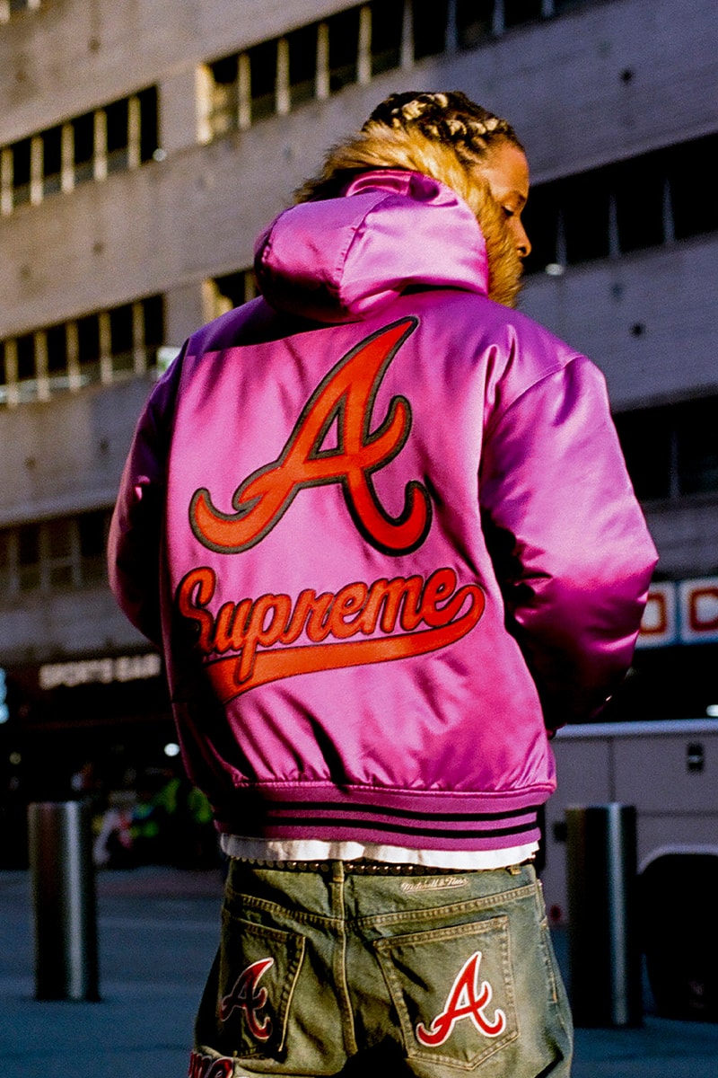 Mitchell & Ness x Supreme Spring 2026 Collaboration mlb nba Atlanta Braves, Houston Astros, Denver Nuggets and Washington Bullets Hooded Satin Varsity Jacket, Wool Varsity Jacket, Sweater, Basketball Jersey, Hooded Sweatshirt, Jean, Sweatpant, Denim Short, Basketball Short, New Era and Headband