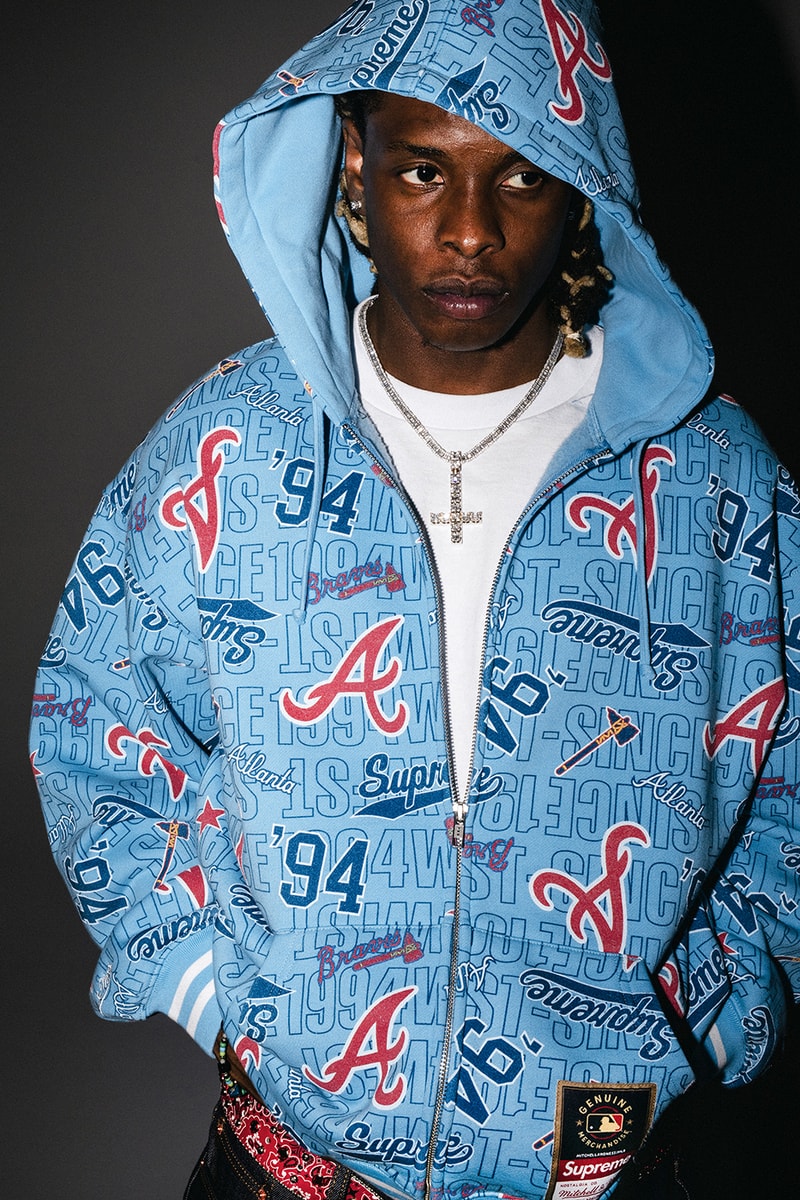 Mitchell & Ness x Supreme Spring 2026 Collaboration mlb nba Atlanta Braves, Houston Astros, Denver Nuggets and Washington Bullets Hooded Satin Varsity Jacket, Wool Varsity Jacket, Sweater, Basketball Jersey, Hooded Sweatshirt, Jean, Sweatpant, Denim Short, Basketball Short, New Era and Headband