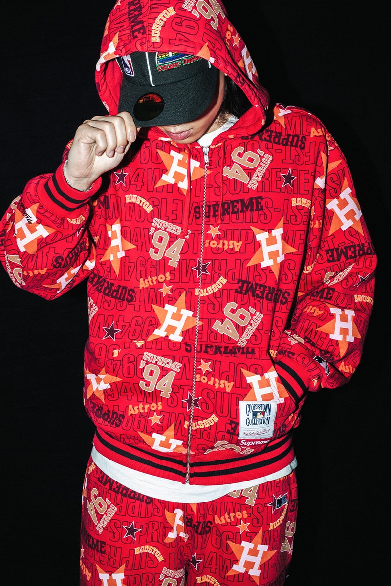 Mitchell & Ness x Supreme Spring 2026 Collaboration mlb nba Atlanta Braves, Houston Astros, Denver Nuggets and Washington Bullets Hooded Satin Varsity Jacket, Wool Varsity Jacket, Sweater, Basketball Jersey, Hooded Sweatshirt, Jean, Sweatpant, Denim Short, Basketball Short, New Era and Headband