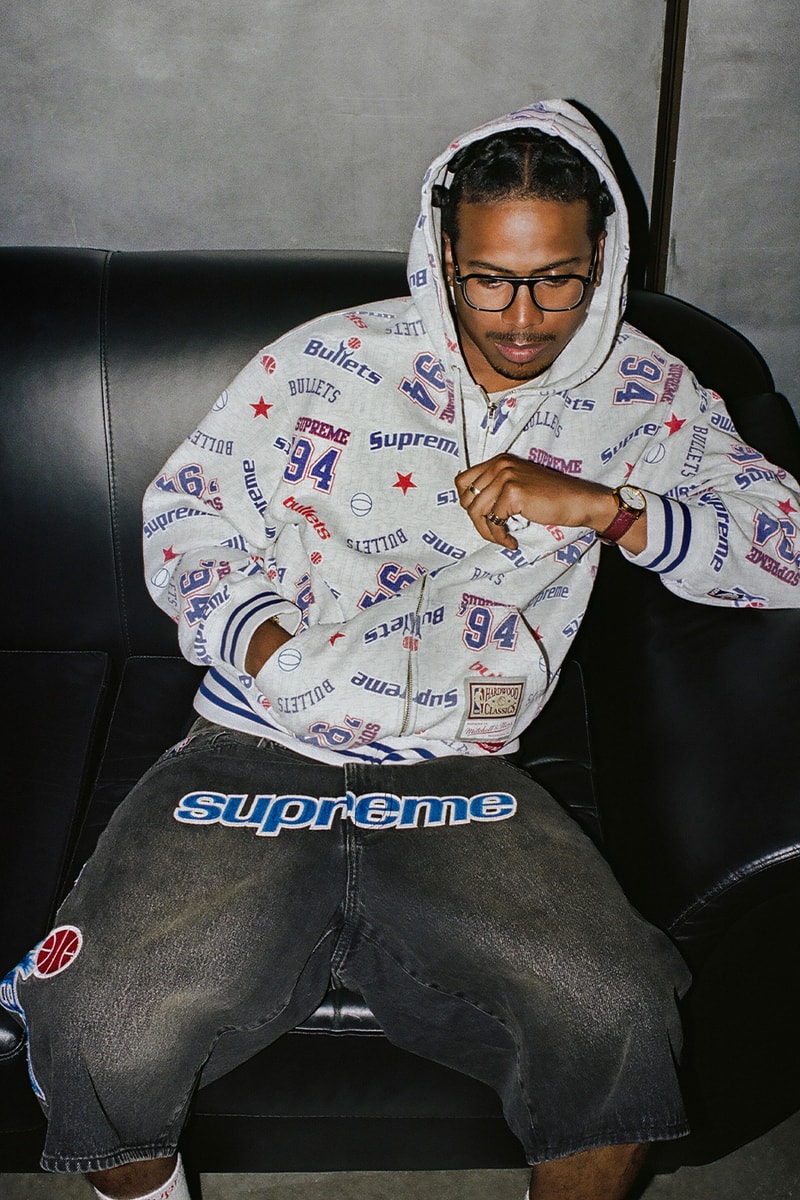 Mitchell & Ness x Supreme Spring 2026 Collaboration mlb nba Atlanta Braves, Houston Astros, Denver Nuggets and Washington Bullets Hooded Satin Varsity Jacket, Wool Varsity Jacket, Sweater, Basketball Jersey, Hooded Sweatshirt, Jean, Sweatpant, Denim Short, Basketball Short, New Era and Headband