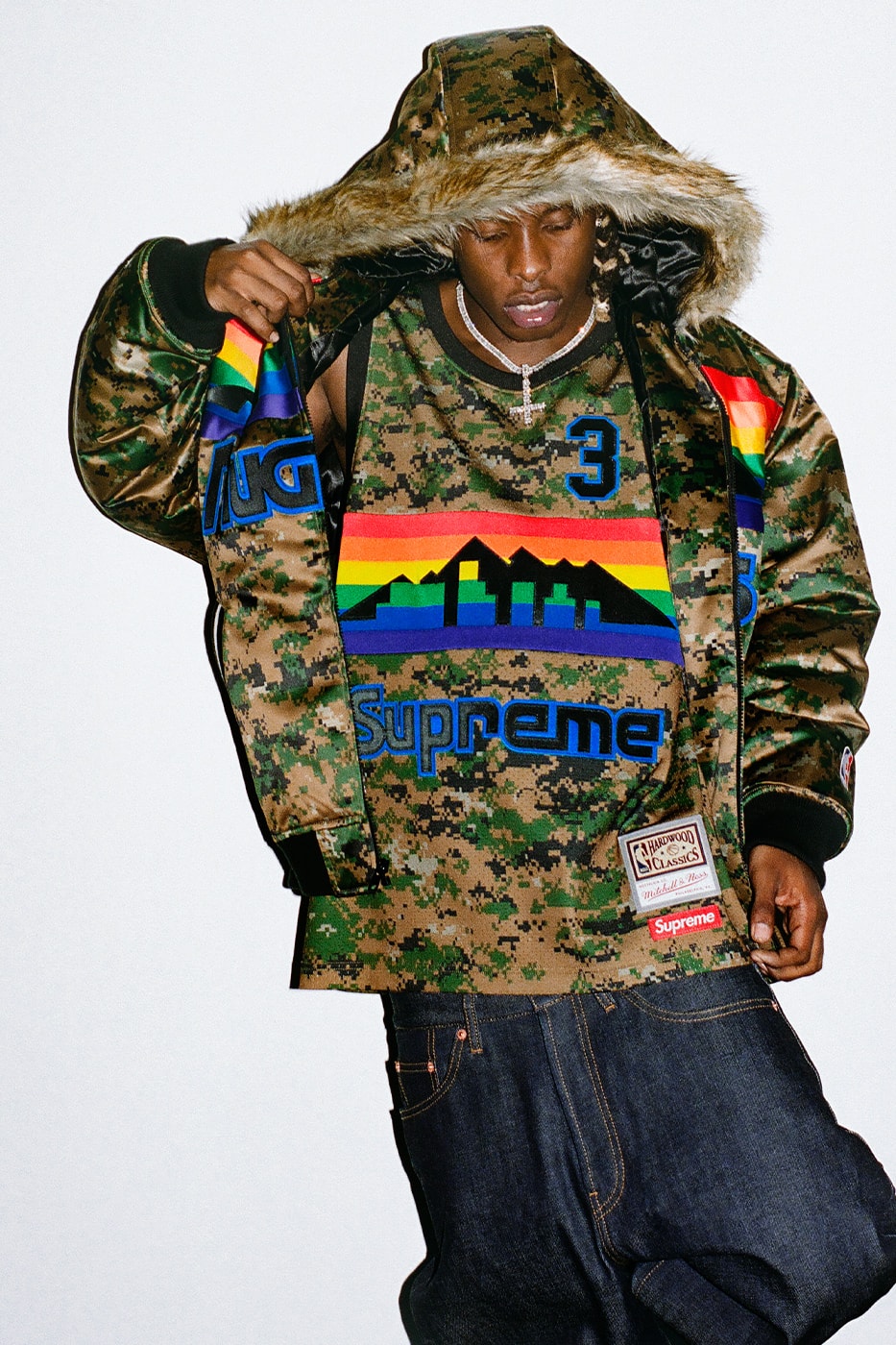 Mitchell & Ness x Supreme Spring 2026 Collaboration mlb nba Atlanta Braves, Houston Astros, Denver Nuggets and Washington Bullets Hooded Satin Varsity Jacket, Wool Varsity Jacket, Sweater, Basketball Jersey, Hooded Sweatshirt, Jean, Sweatpant, Denim Short, Basketball Short, New Era and Headband